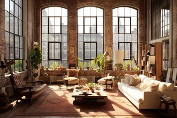 Fototapeta premium Classy spacious new york living room loft apartment very bright room with full height windows - Generative AI