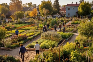 People taking care of plants in community garden - Generative AI