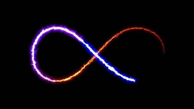 Abstract animated infinity symbol with blue fire and red fire on black background
