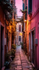 Empty historic center of a small ancient Italian town illuminated by lanterns during sunset - Generative AI