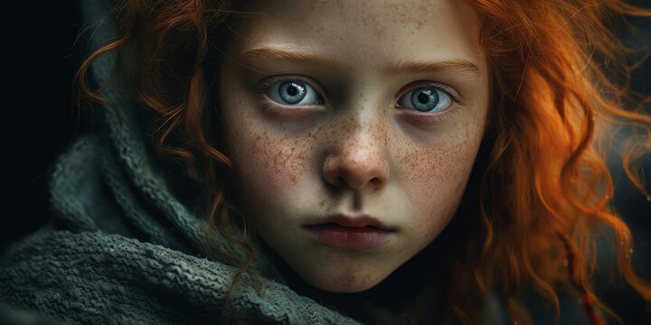 Young girl with red hair, frekles and intense blue eyes looking into the camera. Emotional and expressive realistic portrait with dramatic lighting - Generative AI