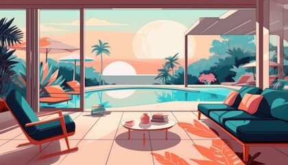 Fototapeta premium Luxury modern villa has open-air pool lounge. (Generative AI)