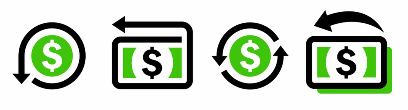 Cash back icon set. Return money collection. Financial services. Money refund and cashback symbol. Vector illustration.