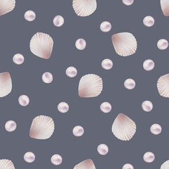 Watercolor seamless pattern with shells and pearls. Hand painting clipart underwater life objects on a white isolated background. For designers, decoration, postcards, wrapping paper, scrapbooking