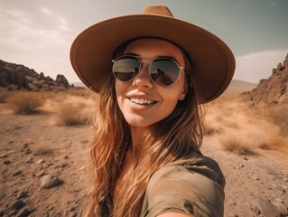 Glückliche Wanderin auf Sommerurlaub in Afrika. Selfie einer schönen Kaukasierin mit Hut und Sonnenbrille, generative AI.