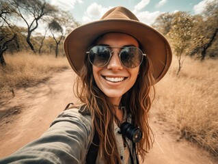 Glückliche Wanderin auf Sommerurlaub in Afrika. Selfie einer schönen Kaukasierin mit Hut und Sonnenbrille, generative AI.