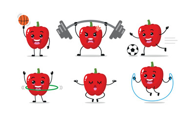 Red Paprika Different Exercise Sport Activity Vector Illustration Sticker Bell Pepper