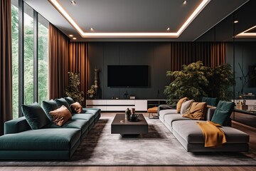 luxury livingroom with 4 seats couch and large full height windows - Generative AI