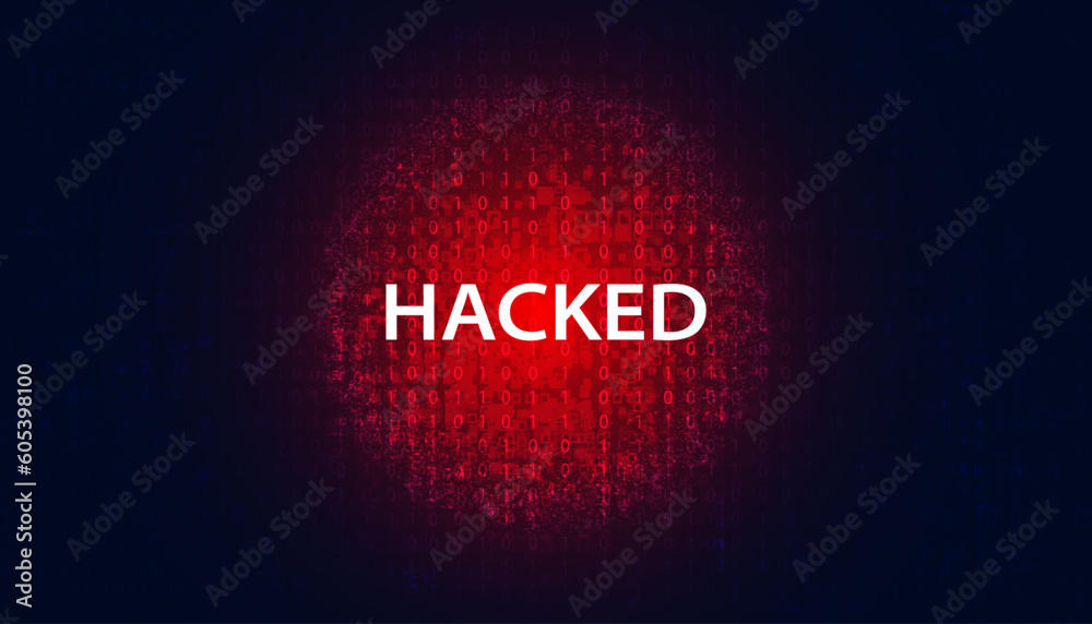 Poster abstract binary signal or are warned hacked by viruses, malware or hackers on a red digital backgrou