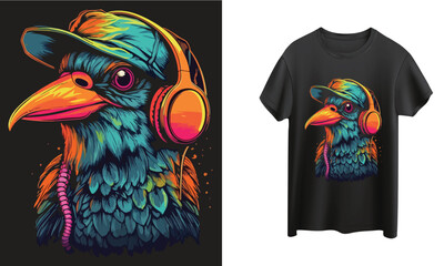 Colorful Bird With Headphones Vector Art For Printing in T-Shirt, Phone Cover, Bags