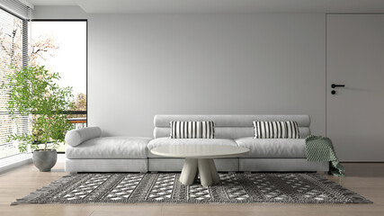 The minimal living room interior design and empty white  wall and wood floor and garden view background and white sofa © teeraphan