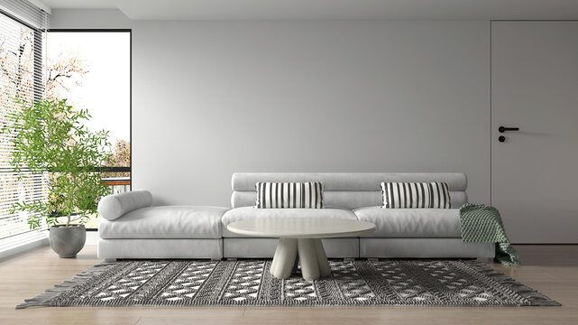 Fototapeta The minimal living room interior design and empty white  wall and wood floor and garden view background and white sofa