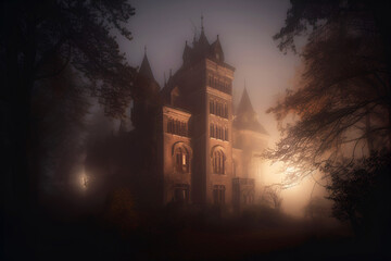 Halloween. Abandoned old gothic castle in moonlight, foggy night, haunted mansion. Horror and darkness. Generative AI - obrazy, fototapety, plakaty