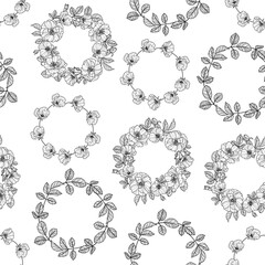 Black and White Wild Rose Wreath Seamless Pattern