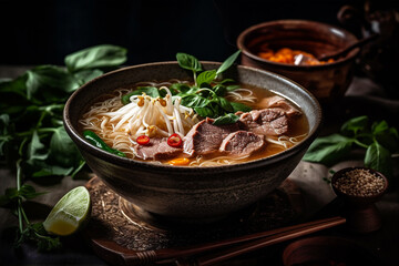 Delicious Steaming Bowl of Pho: Authentic Vietnamese Noodle Soup. AI generated - obrazy, fototapety, plakaty