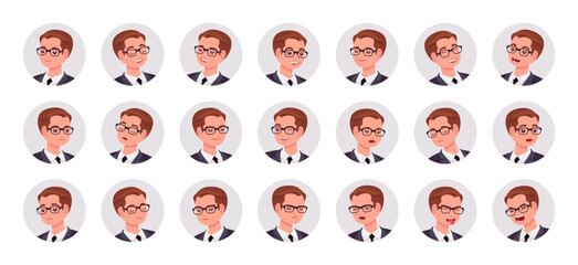 Effective businessman avatar, office manager portrait set business employee bundle. Different emotions face icons, character pic. Vector flat style cartoon circle set isolated on white background