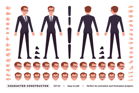 Businessman DIY character constructor. Office man figure parts. Head, leg, hand gestures, female manager different emotions. Vector flat style cartoon construction kit isolated on white background