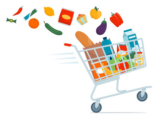 Fast shopping cart full of groceries - 605399706