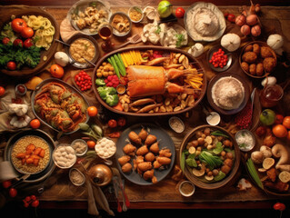 Top view of a banquet with food on a wooden table