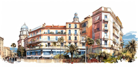 Fototapeta na wymiar Color illustration of Cannes architecture, France, isolated on a white background