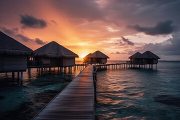 Beautiful sunset over water bungalows with wooden walkway pier. Generative AI.