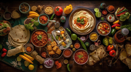 Complete mexican food composition on a wooden table
