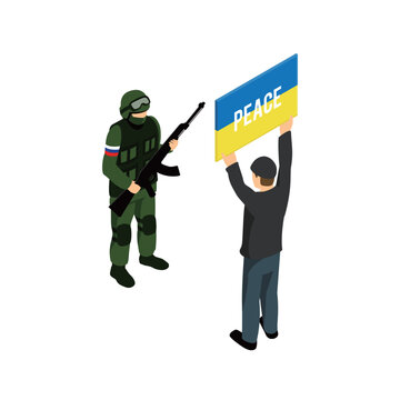 ロシア兵と向かい合い、ウクライナ侵攻反対を訴える男性