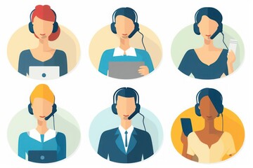 Call center. Customer service, hotline operators with headsets. Online technical support 24 h, illustration, Generative AI