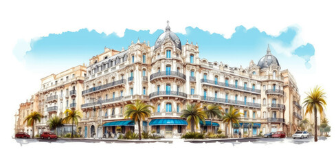 Color illustration of city of Nice architecture isolated on a white background - obrazy, fototapety, plakaty