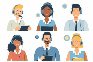 Fototapeta premium Call center. Customer service, hotline operators with headsets. Online technical support 24 h, illustration, Generative AI