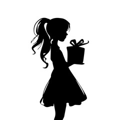 Vector illustration. Silhouette of a girl with a gift in her hand. Birthday.