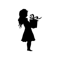Vector illustration. Silhouette of a girl with a gift in her hand. Birthday.