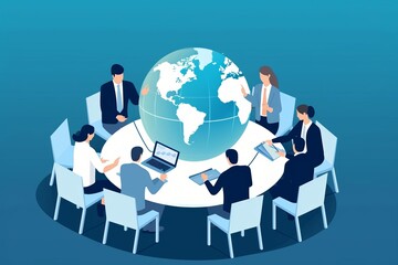 Global trade, investing. The business team sits at a table in the shape of an arrow pointing to a globe. Business illustration, Generative AI
