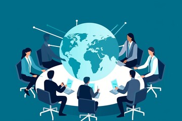 Fototapeta na wymiar Global trade, investing. The business team sits at a table in the shape of an arrow pointing to a globe. Business illustration, Generative AI