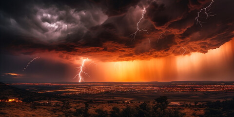 Breathtaking view of thunderstorm at sunset with bolts of lightning crackle through the air. AI generated.