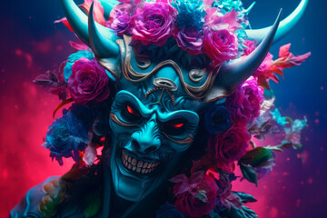 Demon wears colorful flowers on head. Generative AI