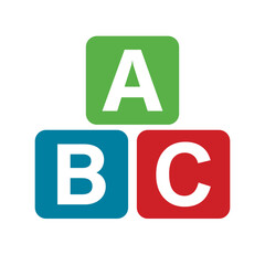ABC blocks flat icon illustration, alphabet cubes with A,B,C letters in flat style.
