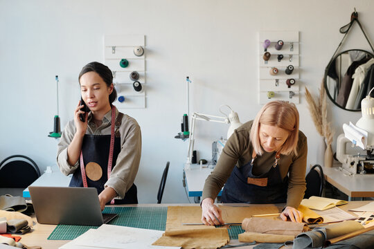 Young craftswoman talking to client on smartphone and using laptop while checking information about online order against mature colleague