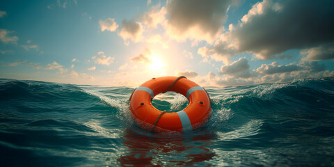 Lifebuoy in a stormy blue sea. - obrazy, fototapety, plakaty