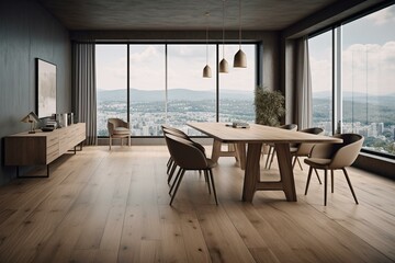 A spacious conference room with a wooden table, stylish chairs, city view, and parquet flooring. 3D rendering. Generative AI