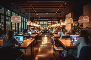 women sit at a table working with laptops in a coffee shop is decorated in bright colors with Generative AI