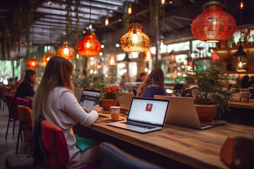 women sit at a table working with laptops in a coffee shop is decorated in bright colors with Generative AI