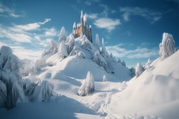 A hillside snow castle with sharp peaks rising from snowdrifts. Generative AI