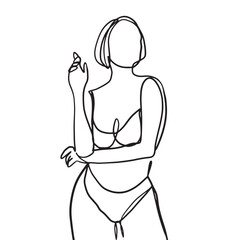 Continuous line, one line, beautiful woman swimwear fashion summer happy hand drawn illustration vector