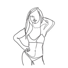 Continuous line, one line, beautiful woman swimwear fashion summer happy hand drawn illustration vector
