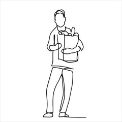 continuous line one line man holding a paper bag to buy fruits and vegetables shopping buy organic happy hand drawn illustration vector