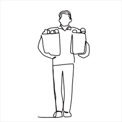continuous line one line man holding a paper bag to buy fruits and vegetables shopping buy organic happy hand drawn illustration vector