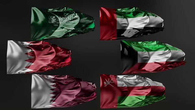Flags of Gulf Cooperation Council Waving in the wind, GCC National flags, fabric texture, close-up, alpha channel, UAE, Qatar, Saudi Arabia, Kuwait, Bahrain, Oman, loop Animation, 60 fps, 3d render