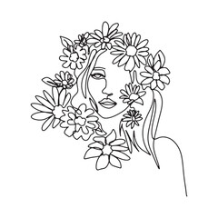 Surreal Faces one line, drawing of set faces and hairstyles, fashion concept, woman's beauty, minimalist, pretty sexy. Contemporary portraits with a positive and surrounded by flowers.