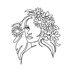 Surreal Faces one line, drawing of set faces and hairstyles, fashion concept, woman's beauty, minimalist, pretty sexy. Contemporary portraits with a positive and surrounded by flowers.